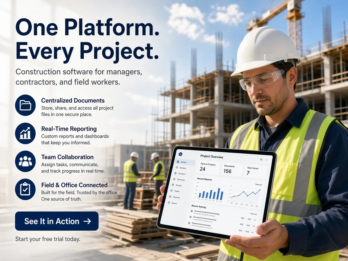 Construction software concept connecting project managers, contractors, field workers, budgets, documents, schedules, and reporting