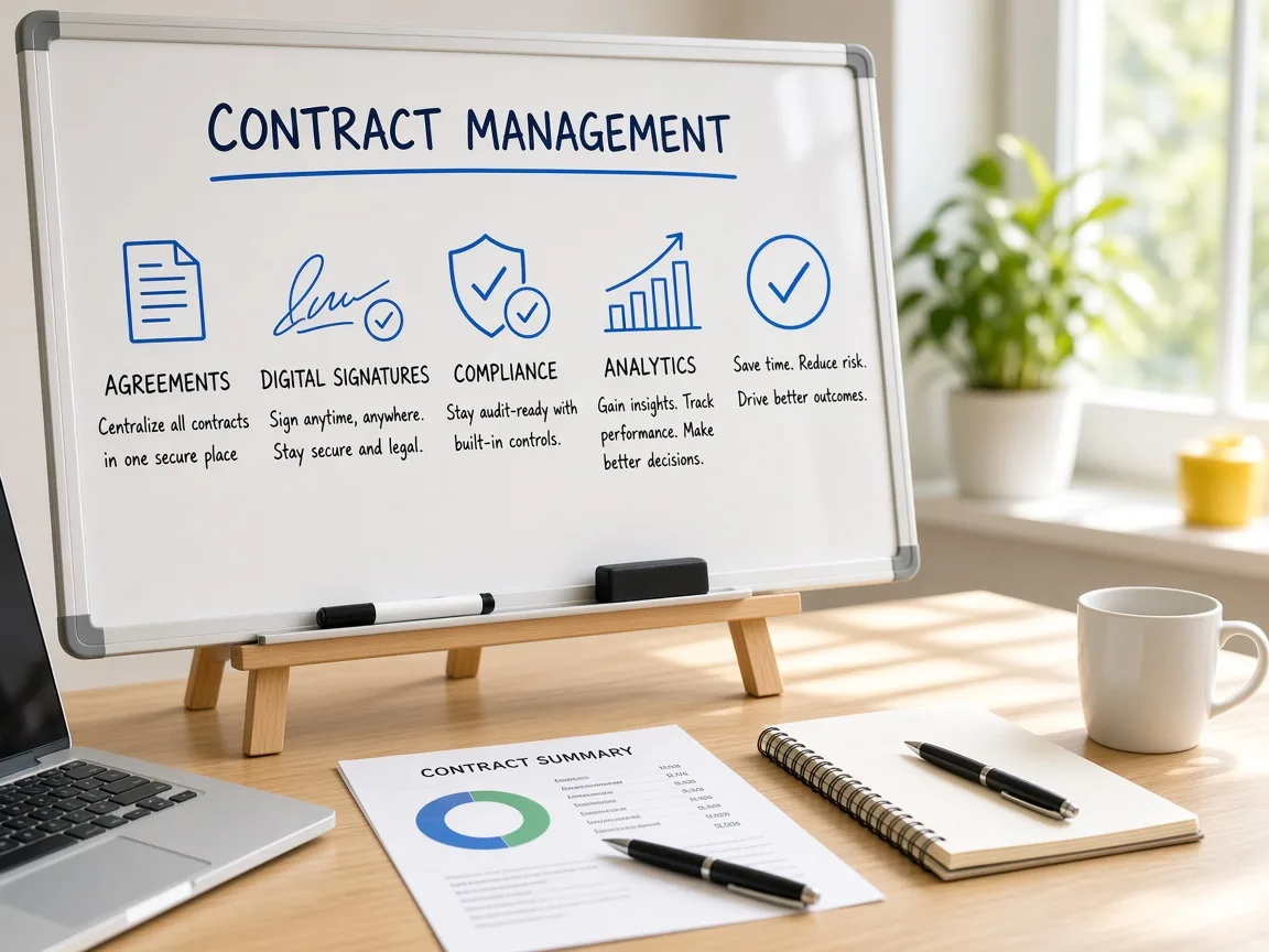 Contract management software concept showing agreements, approval workflows, digital signatures, compliance tracking, and analytics