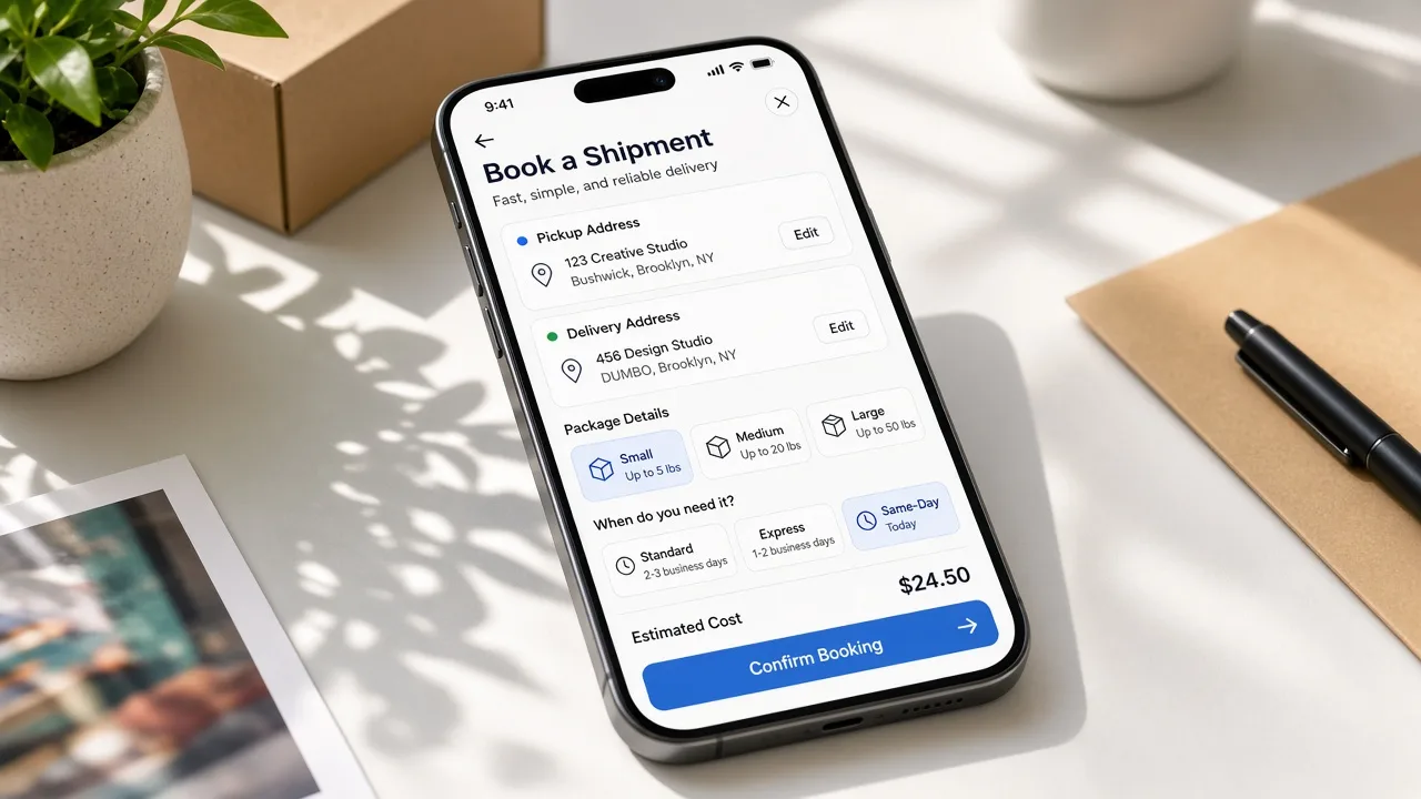 Courier delivery app concept showing shipment booking, courier assignment, live tracking, route navigation, secure payments, and delivery management