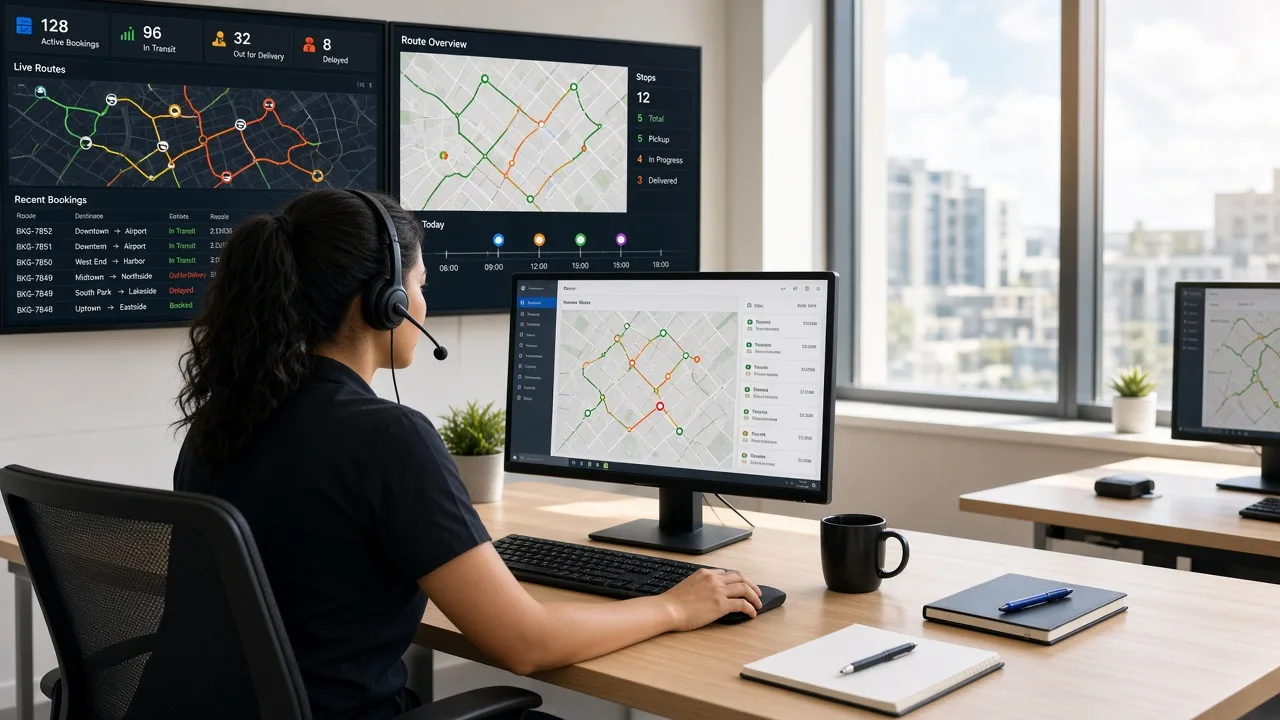 Courier delivery platform showing shipment booking, courier assignment, live tracking, route navigation, payments, and delivery management
