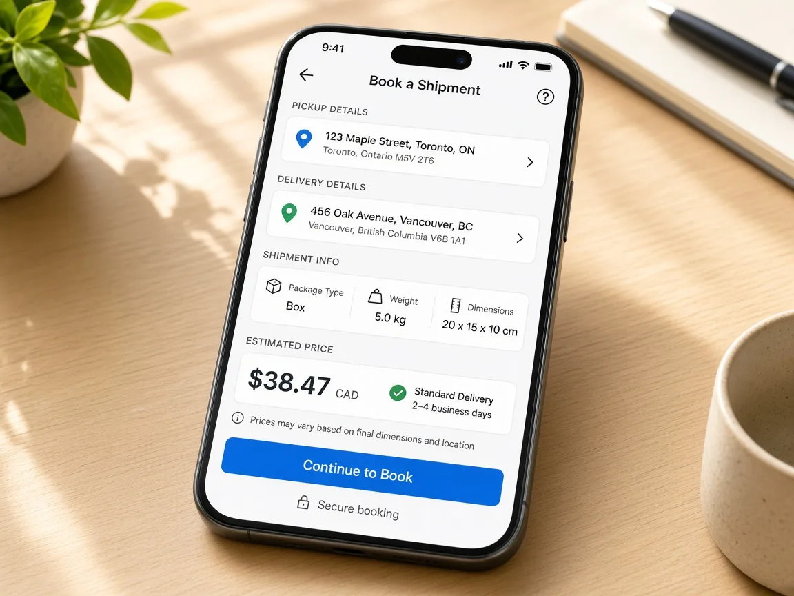 Courier booking app showing shipment details, pickup scheduling, delivery address, pricing, courier assignment, and parcel tracking