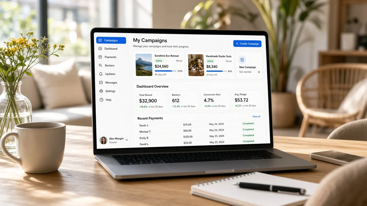 Crowdfunding app concept showing funding campaigns, contributor payments, creator dashboards, project updates, and platform analytics