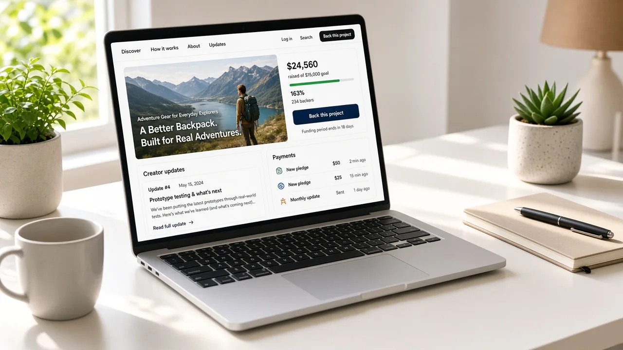 Crowdfunding platform connecting campaign creators, contributors, secure payments, project updates, and analytics