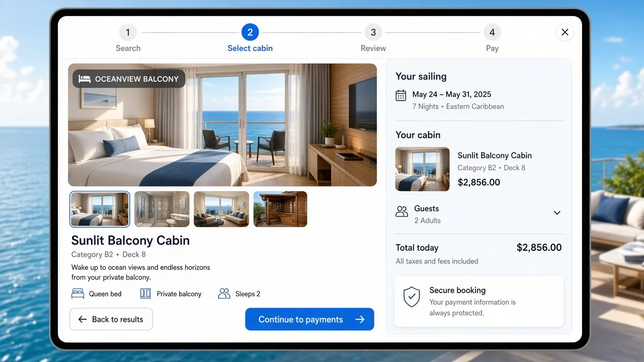 Cruise booking app showing ship discovery, cabin selection, itinerary planning, secure payments, and traveler reservations