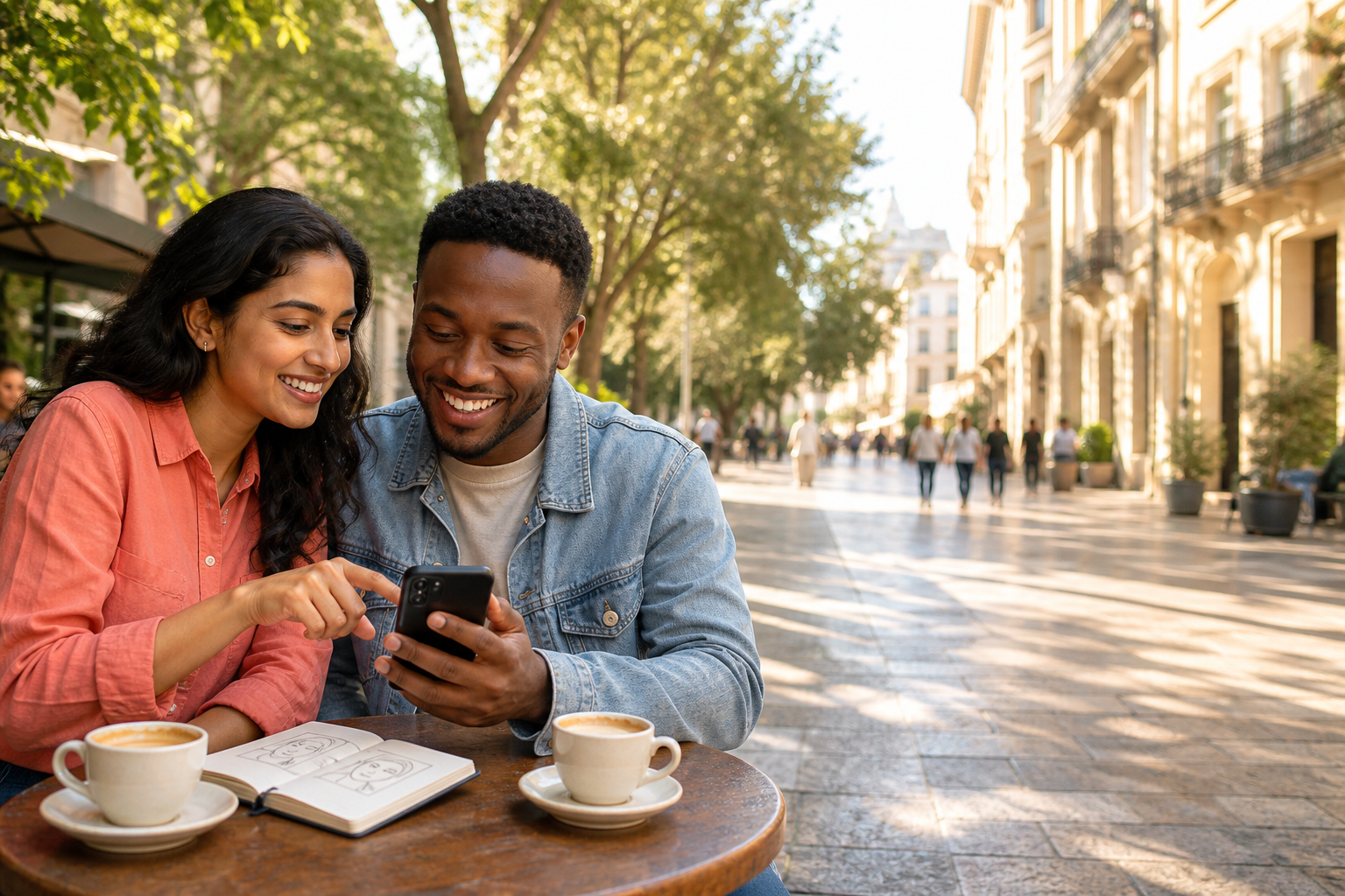 Smiling couple at a sunlit cafe looking at a phone together while a dating profile collage sits on the table