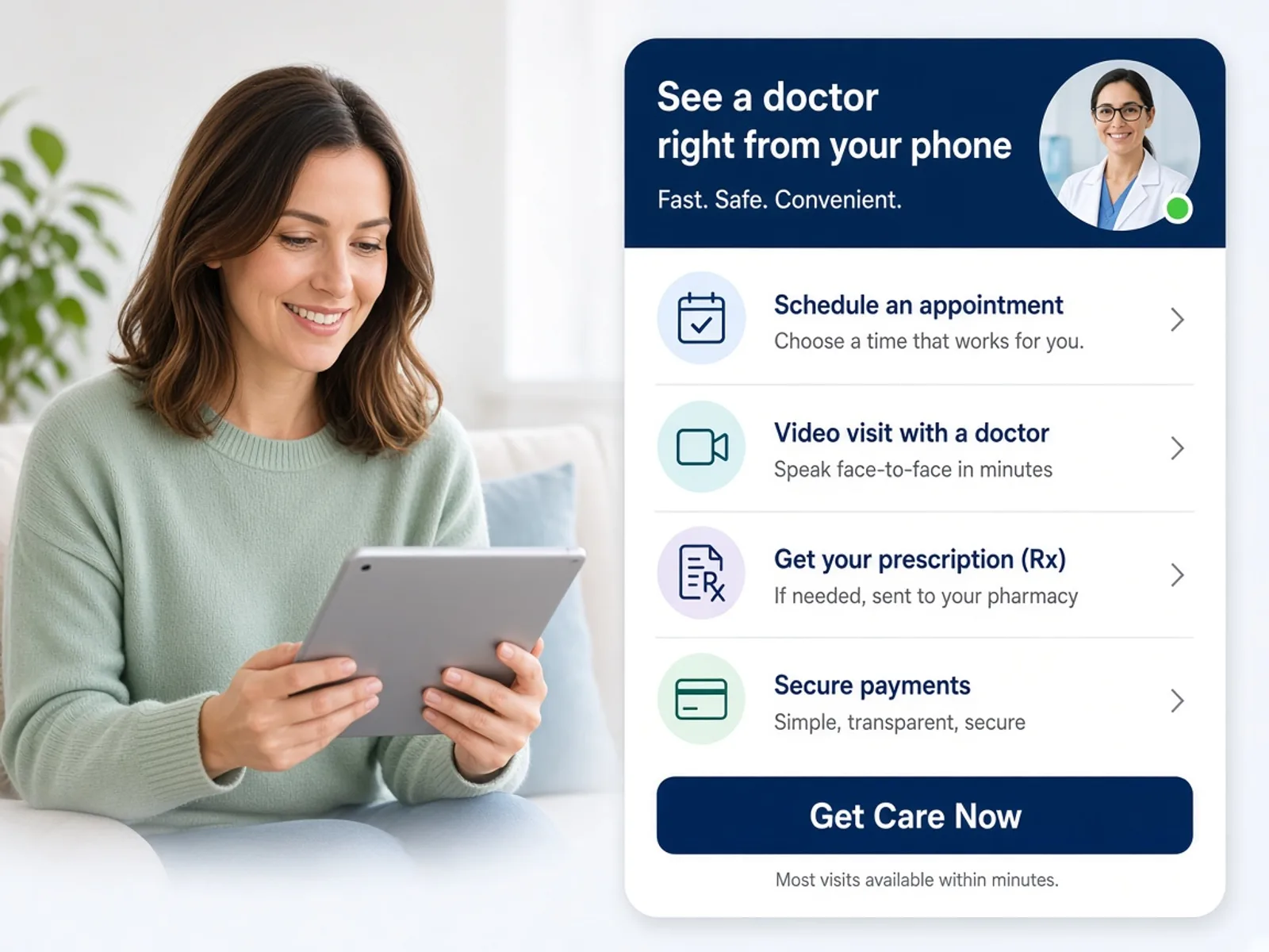Doctor on demand application showing patient booking, video consultation, doctor profile, digital prescription, and secure healthcare payment