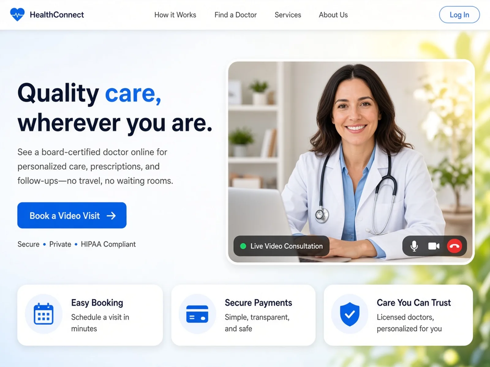 Doctor on demand platform showing patient consultation, doctor video call, appointment booking, secure payments, and digital records
