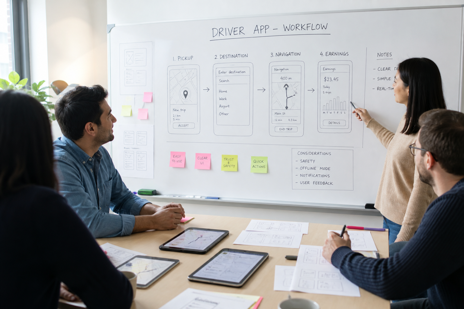 Driver app development team planning trip requests GPS navigation real-time tracking passenger communication payments earnings ratings notifications analytics AI and fleet management