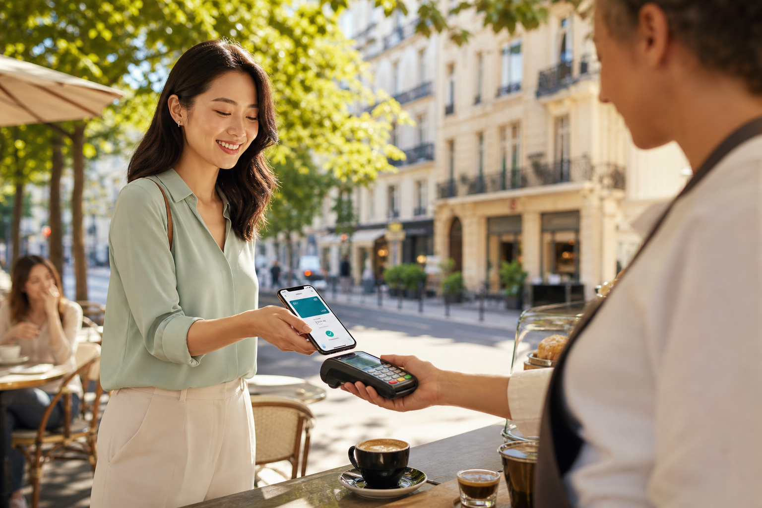 Young professional paying with a smartphone at a sunlit cafe while a digital wallet balance appears on screen