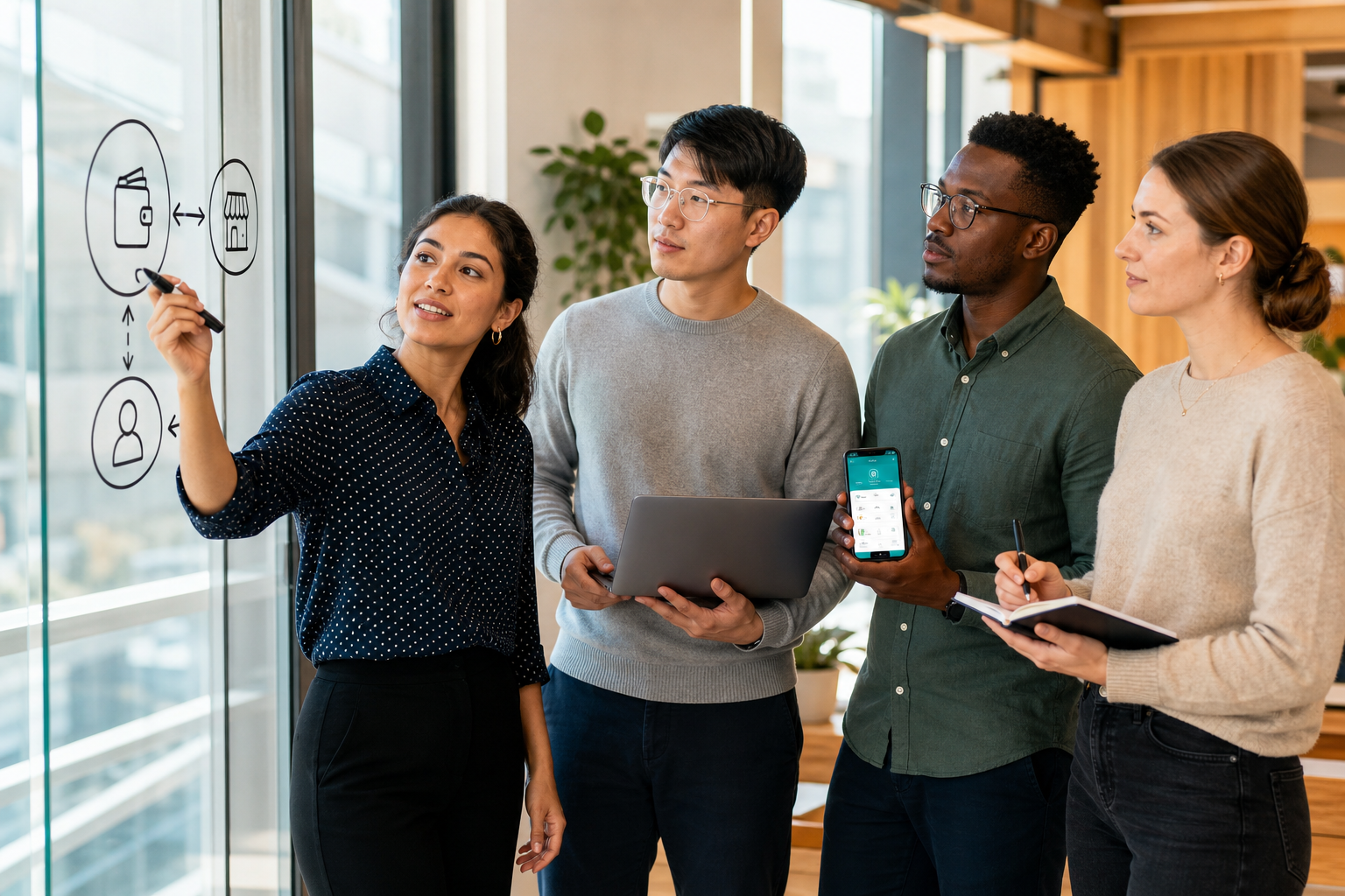 Financial technology team planning digital wallet payments transfers security and transaction workflows