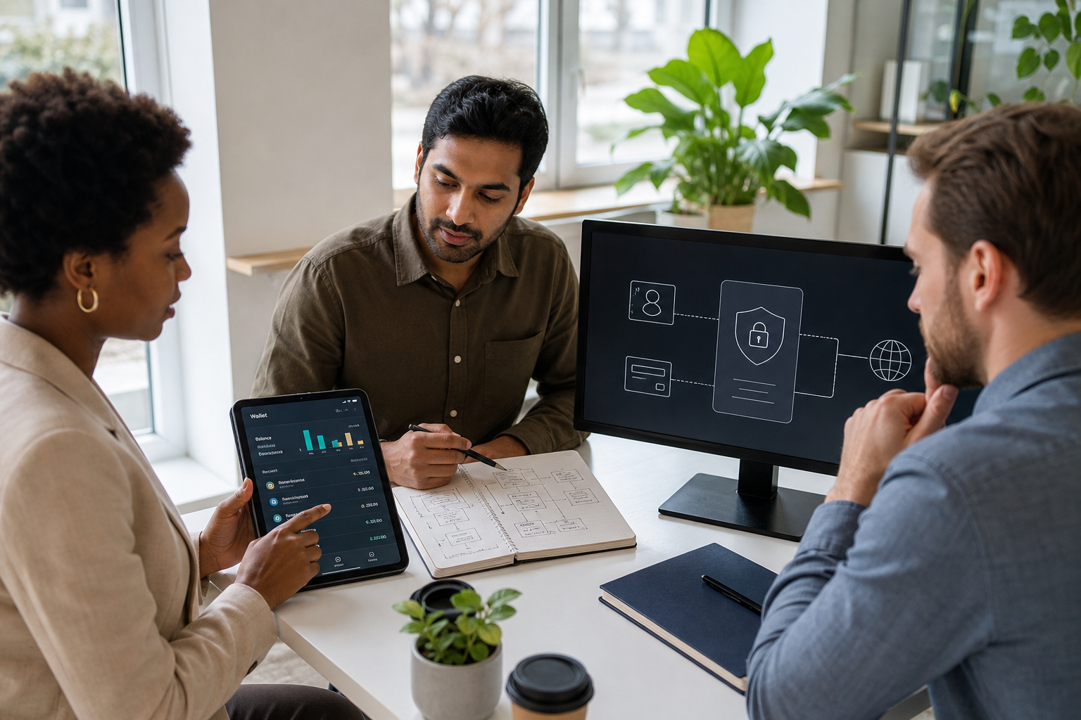 Financial technology team planning digital wallet payments transfers security and transaction workflows