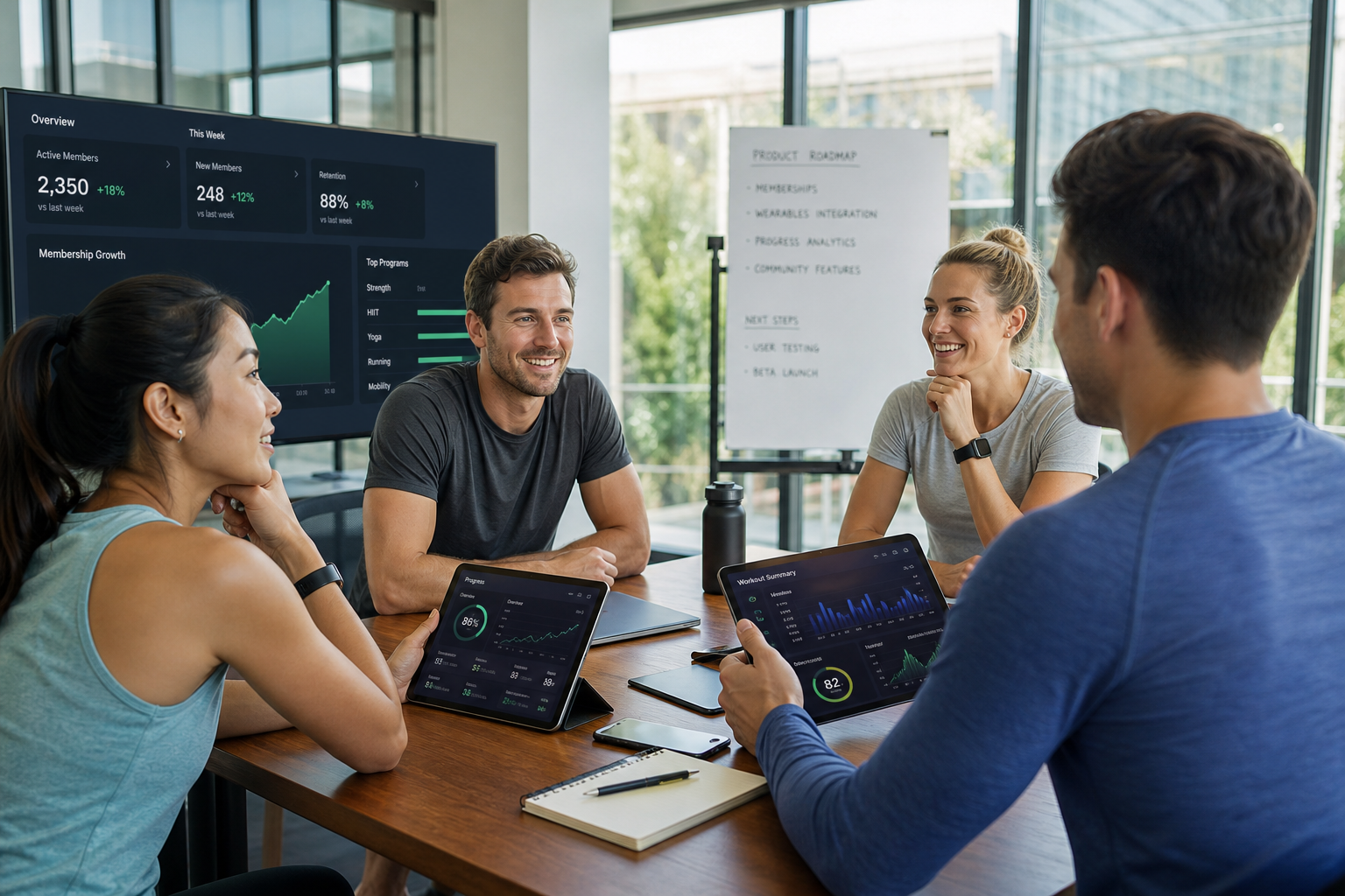 Fitness technology team planning workout tracking trainer management memberships payments wearable integration progress analytics notifications and administration