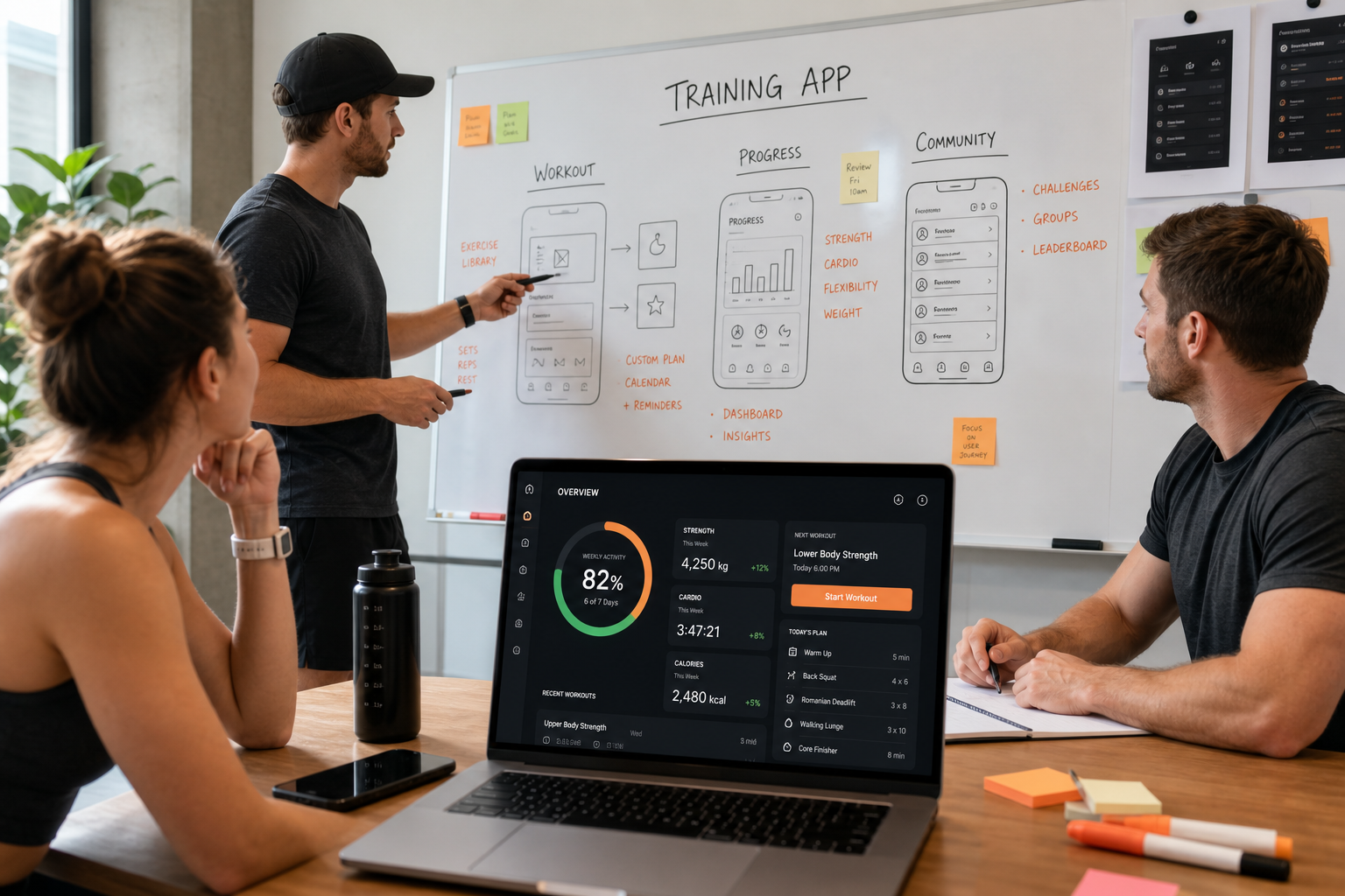 Fitness technology team planning workout tracking trainer management memberships payments wearable integration progress analytics notifications and administration
