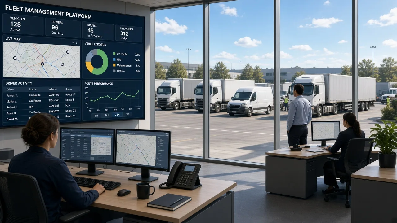Fleet management platform showing vehicles, drivers, route planning, live tracking, maintenance, and operational analytics