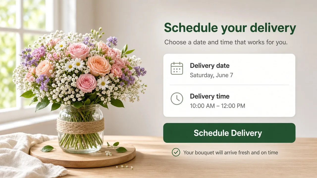 Flower delivery application showing bouquet ordering, florist management, courier tracking, scheduled delivery, payments, and customer engagement