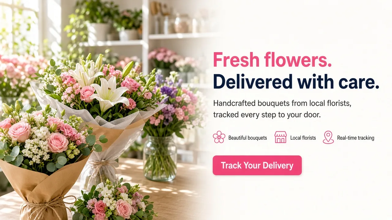Flower delivery platform connecting customers, florists, delivery partners, online orders, payments, and live delivery tracking