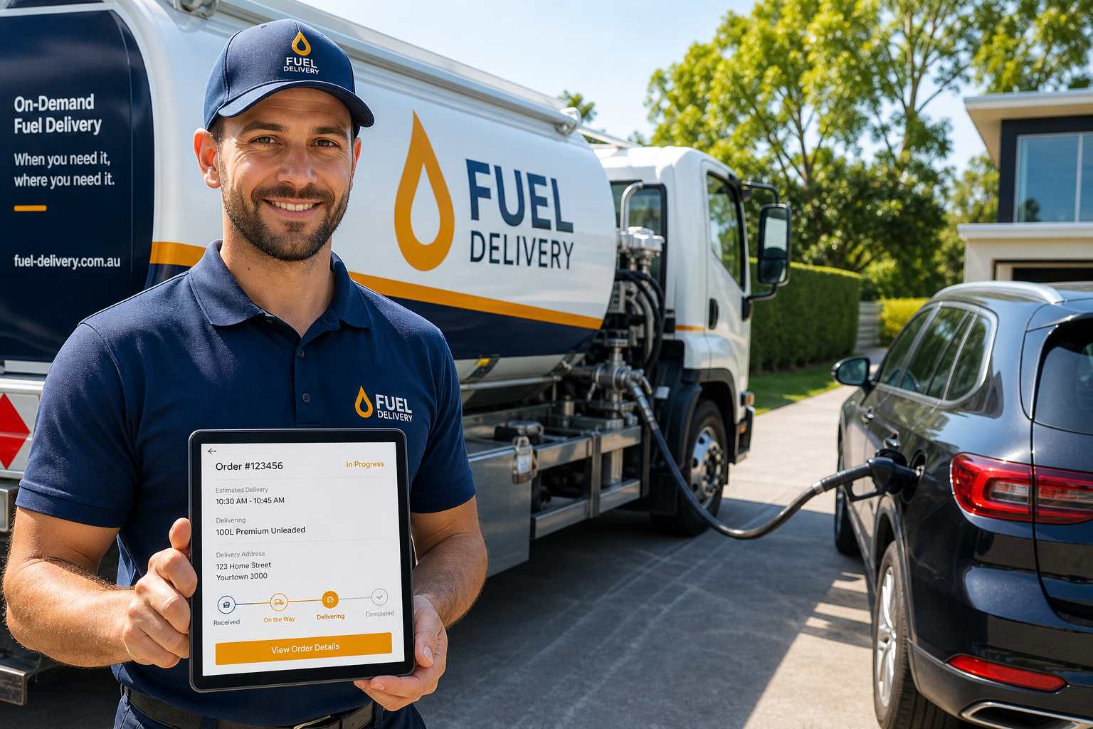 Fuel delivery application with fuel ordering vehicle and location management delivery scheduling real-time tracking secure payments fleet management notifications and centralized administration