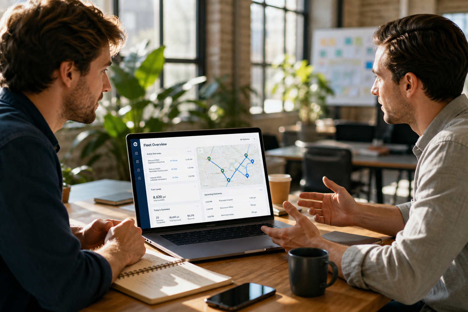 Fuel delivery technology team planning fuel ordering driver management GPS tracking delivery scheduling payments fleet operations notifications analytics and administration