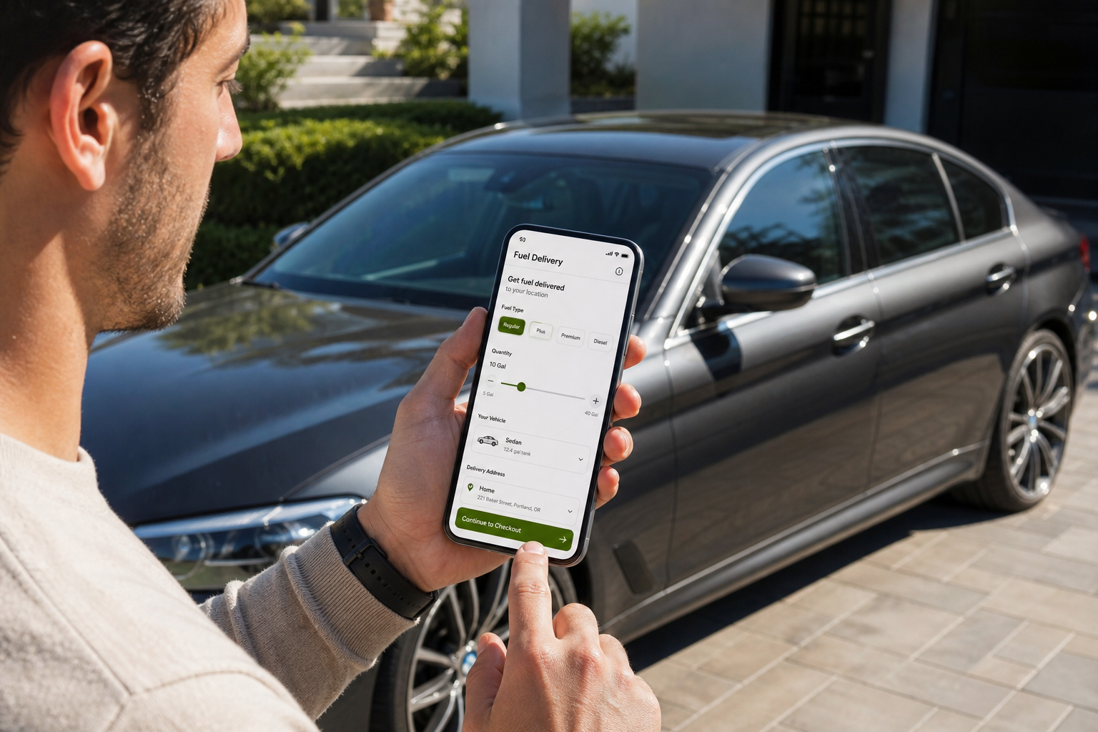Custom fuel delivery application with fuel selection delivery requests vehicle profiles GPS tracking scheduling payments invoices and notifications