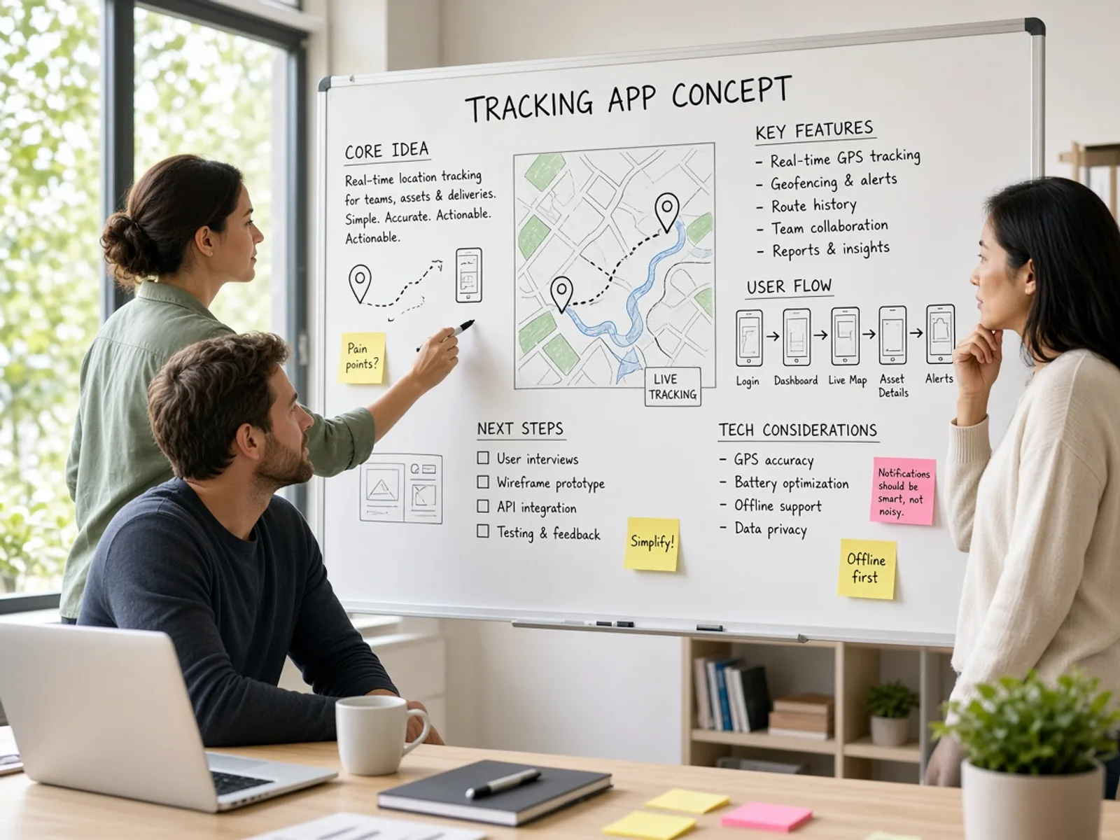 GPS tracking application concept showing live maps, vehicle monitoring, geofencing, route management, alerts, and analytics