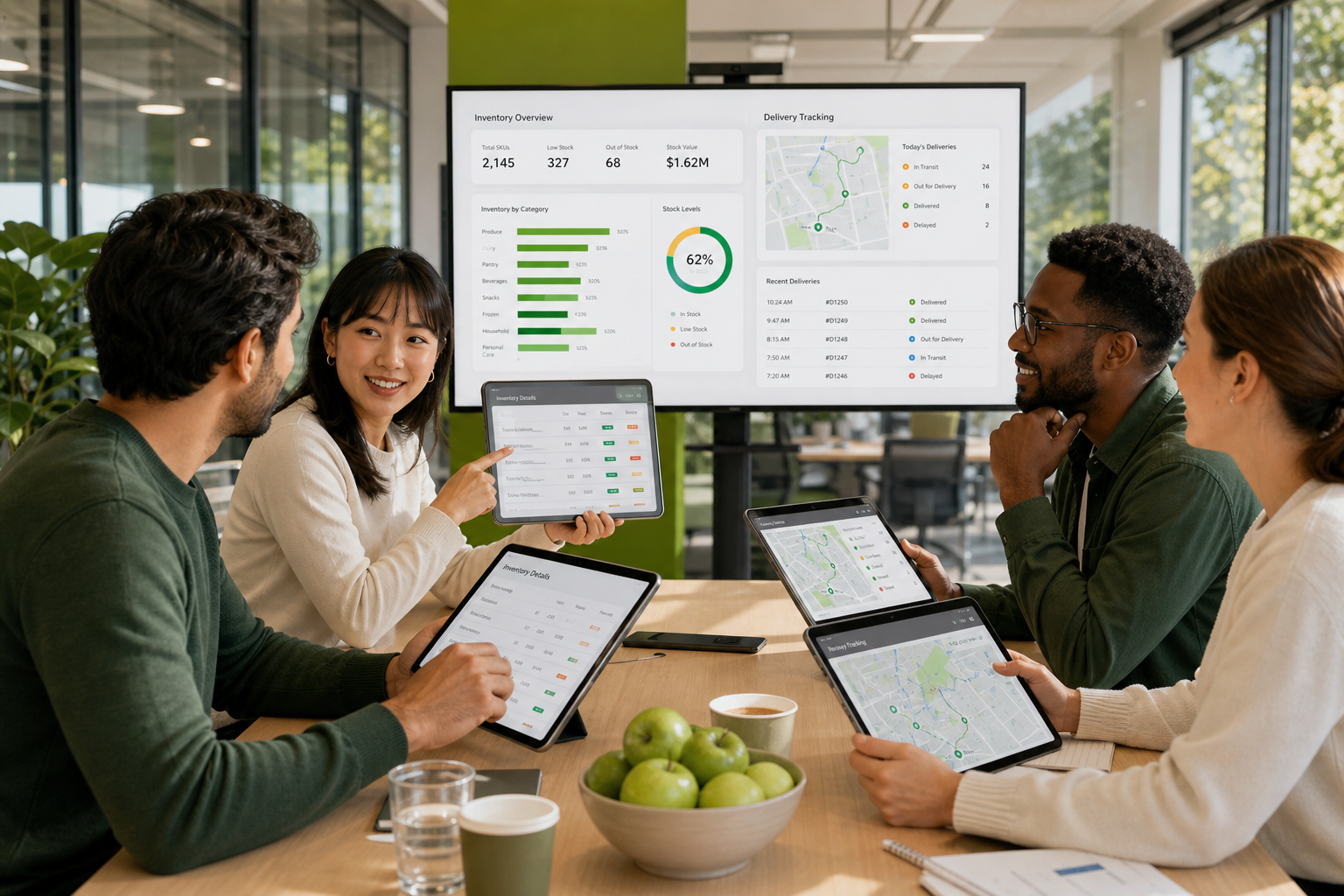 Grocery delivery technology team planning online shopping product catalog inventory management order tracking delivery payments customer accounts notifications analytics and administration