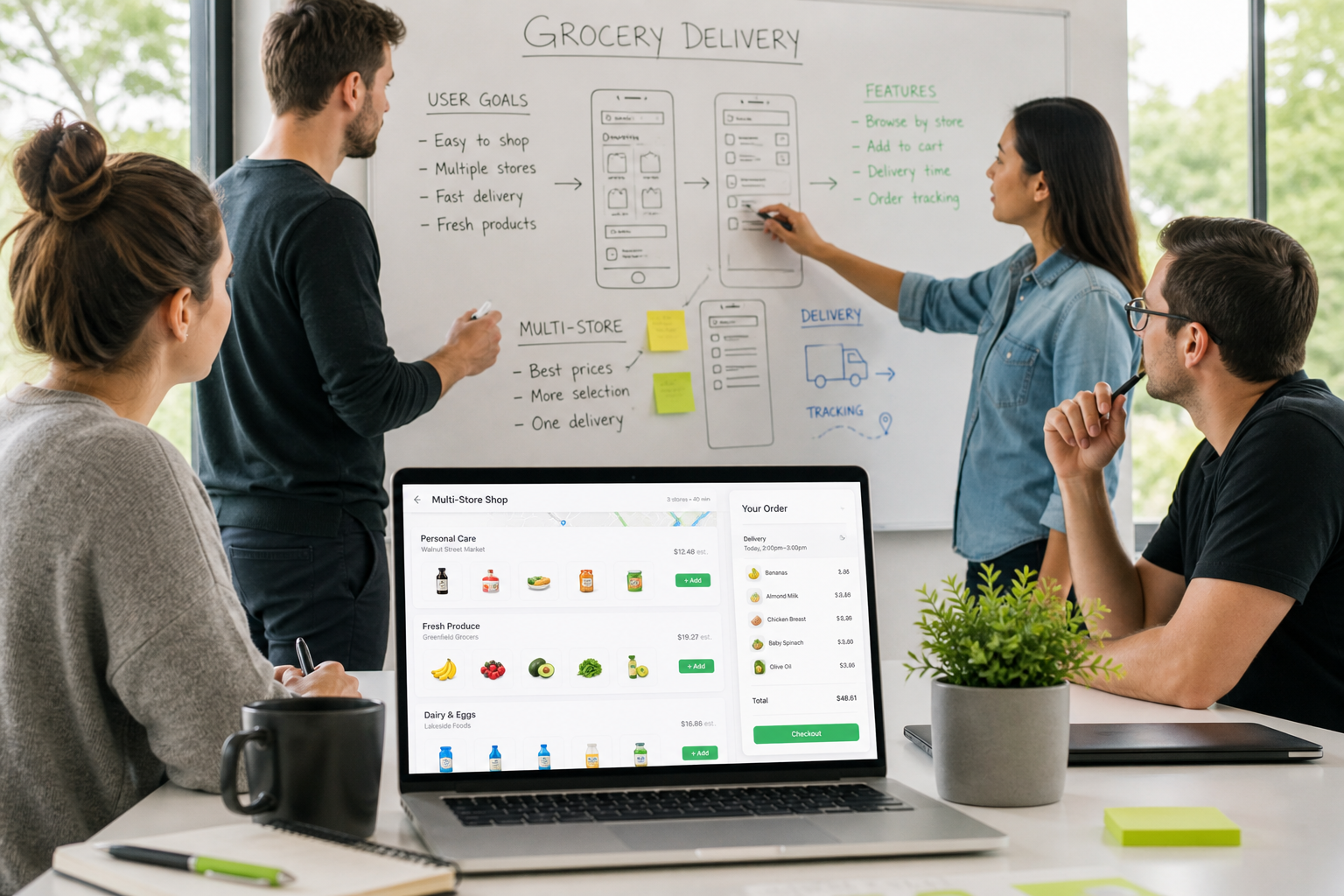 Grocery delivery technology team planning online shopping product catalog inventory management order tracking delivery payments notifications analytics and administration
