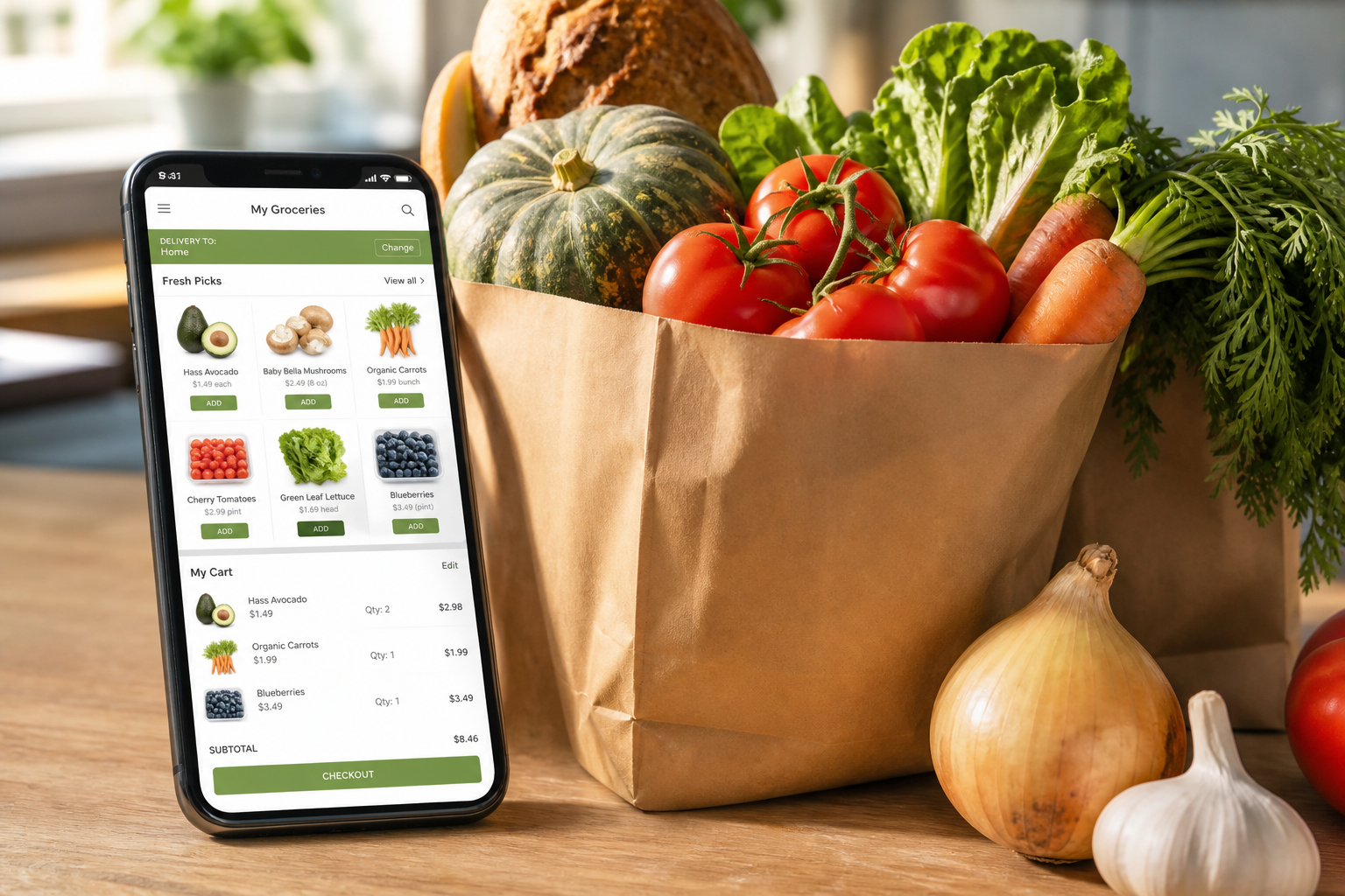 Custom grocery delivery application with product catalog online ordering shopping cart secure payments order tracking and delivery management
