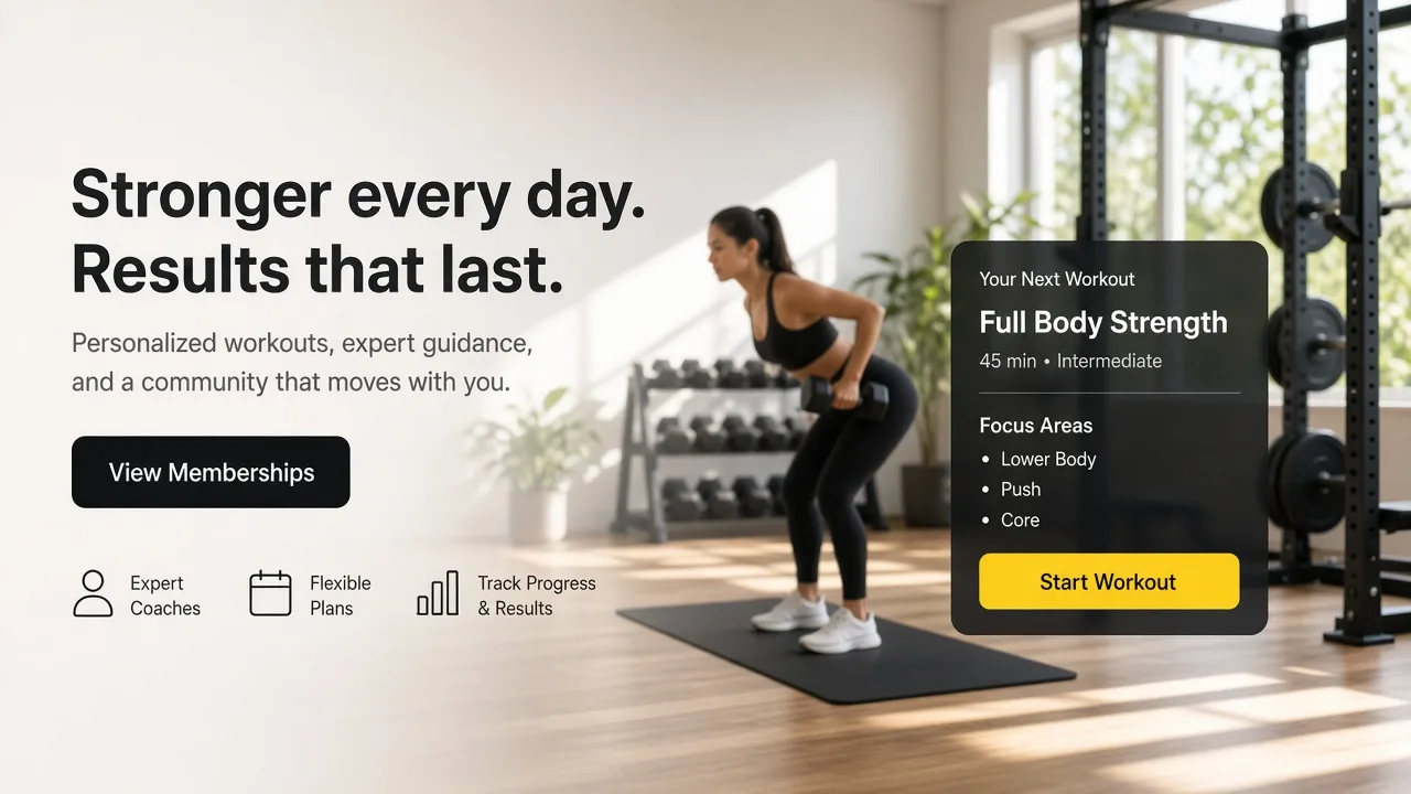 Gym app concept showing member registration, workout planning, trainer scheduling, class booking, payments, fitness tracking, and gym management