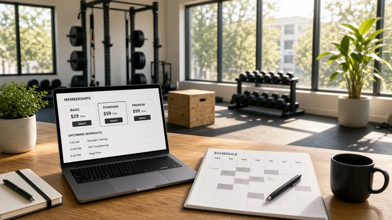 Gym app platform showing member management, workout planning, trainer scheduling, class booking, payments, and fitness tracking