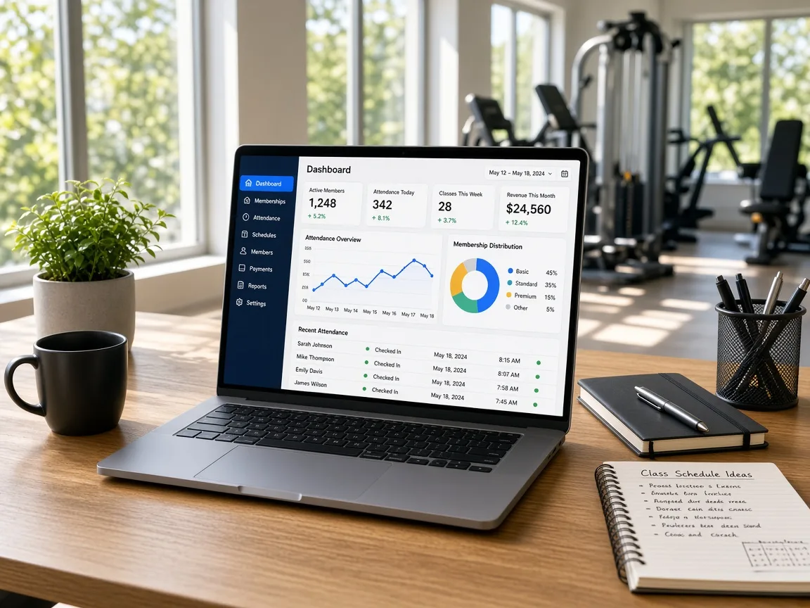 Gym management app showing memberships, attendance, trainer assignments, payments, schedules, notifications, and administrative reports