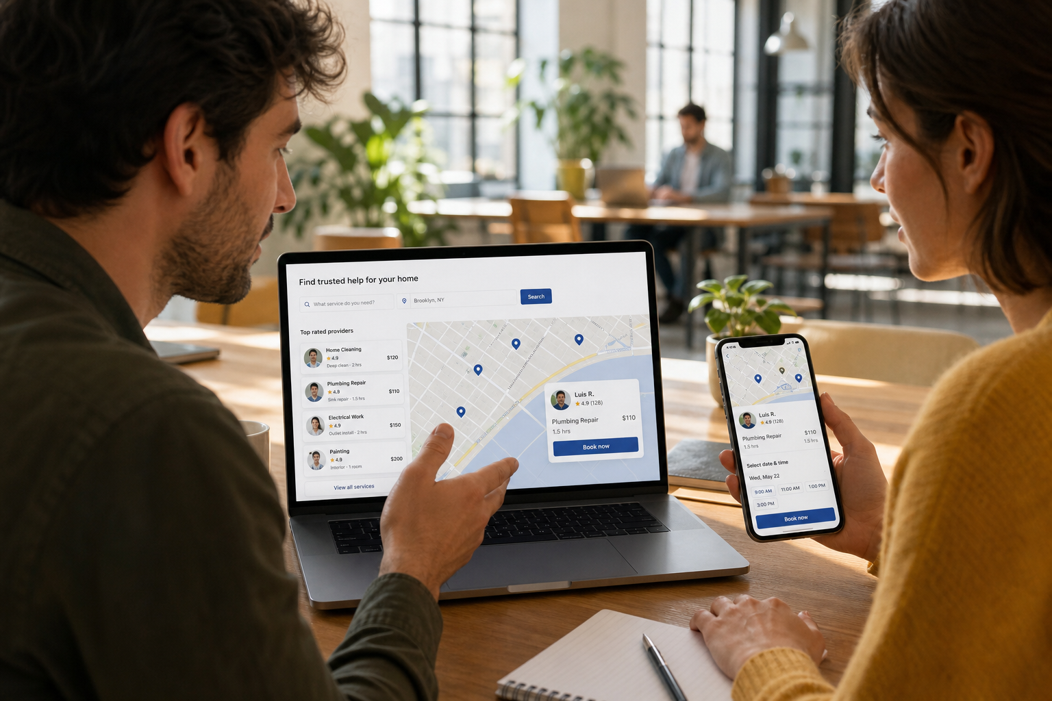 Handyman technology team planning service discovery provider management booking GPS tracking payments customer communication job status reviews and administration
