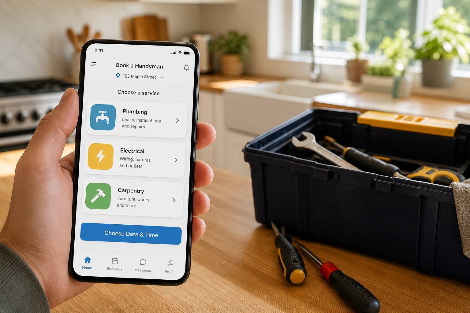 Custom handyman application with service categories professional profiles bookings scheduling GPS tracking payments messaging reviews and notifications