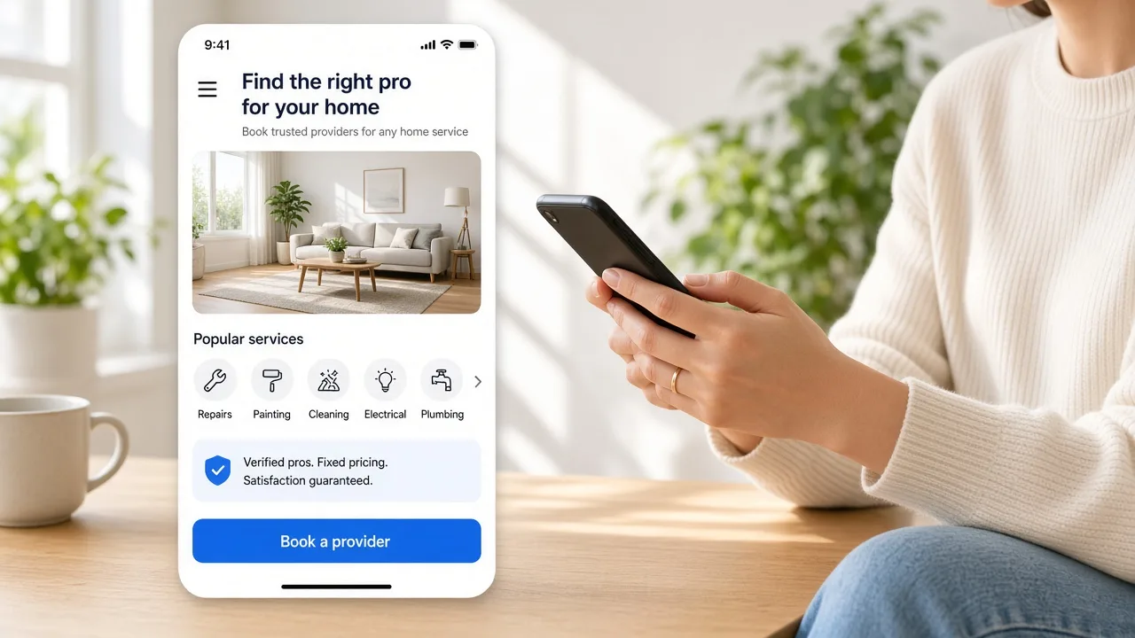 Home service app concept showing customer booking, provider assignment, appointment scheduling, payments, notifications, and service management
