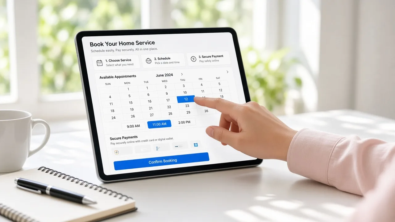 Home service platform showing customer booking, provider assignment, appointment scheduling, payments, notifications, and service management
