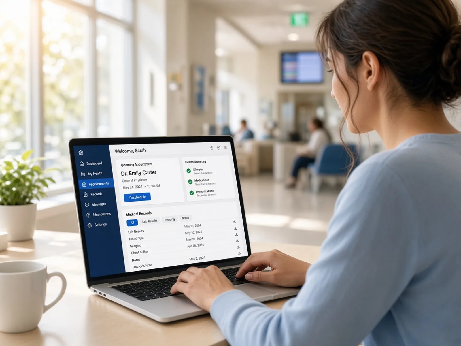 Hospital software concept connecting patients, doctors, appointments, medical records, billing, pharmacy, laboratory, and administration