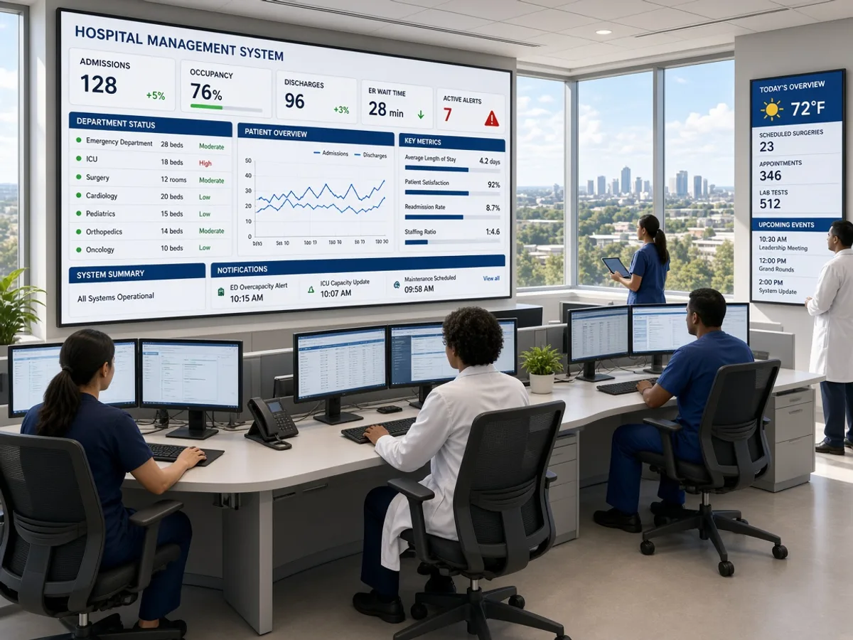 Hospital management software connecting patients, doctors, departments, billing, records, pharmacy, and administration