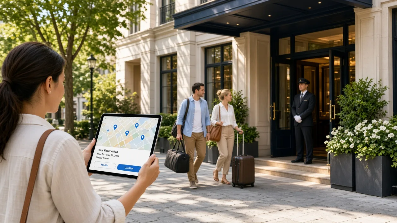 Hotel booking technology platform connecting guests, properties, reservations, payments, room availability, and hospitality operations