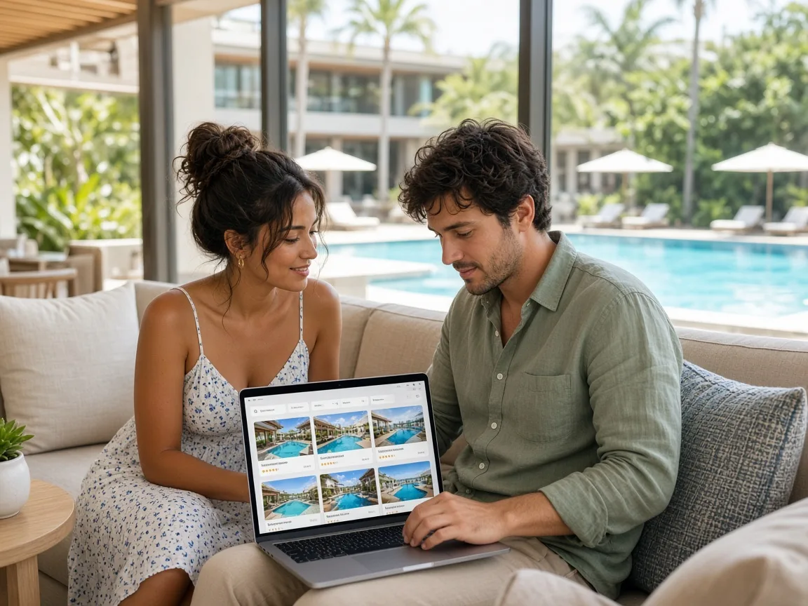 Hotel booking marketplace showing properties, room listings, availability, prices, amenities, reservations, and guest reviews