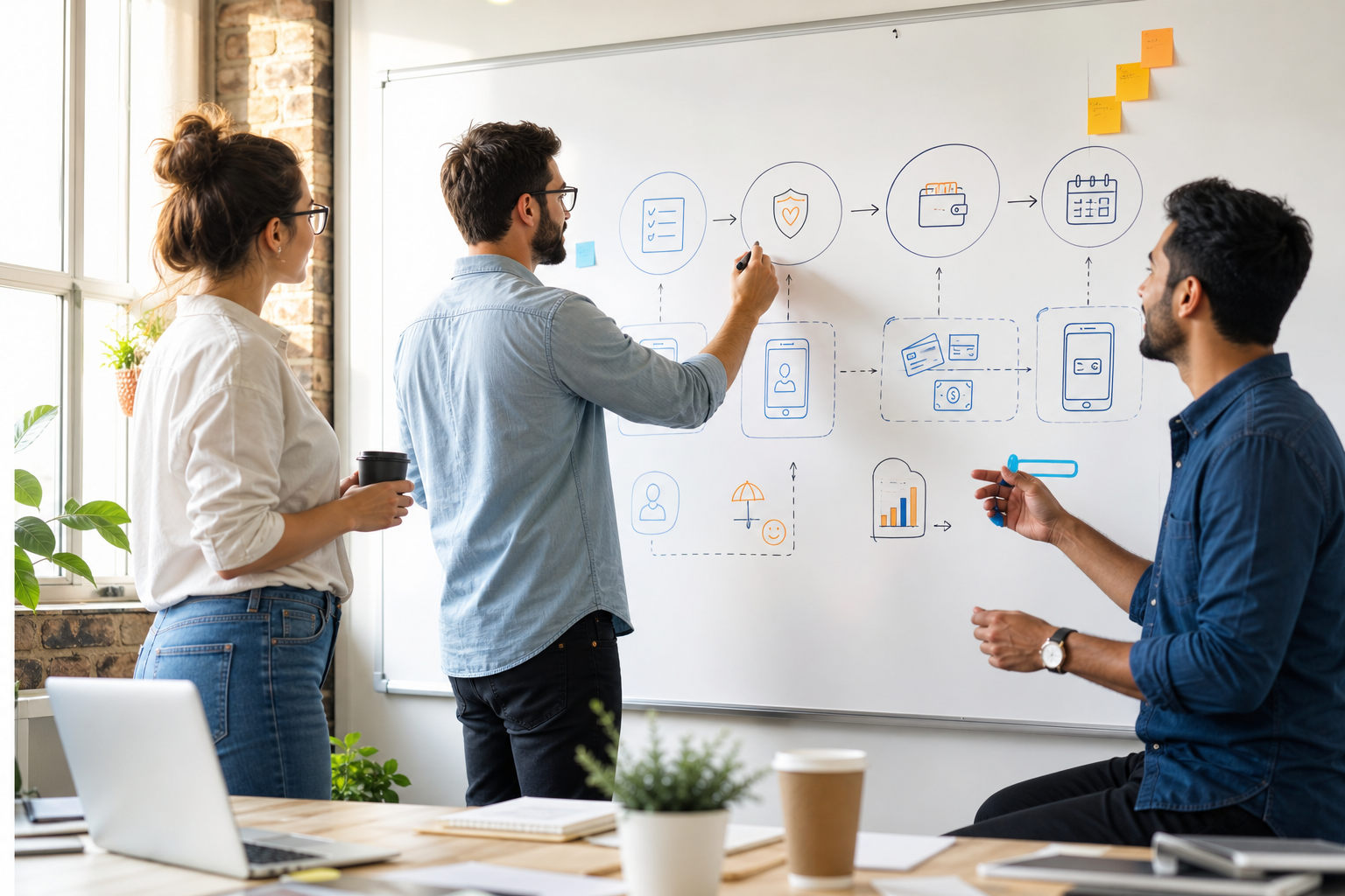 Insurance app development team planning customer onboarding insurance quotes policy management claims payments renewals documents analytics and administration