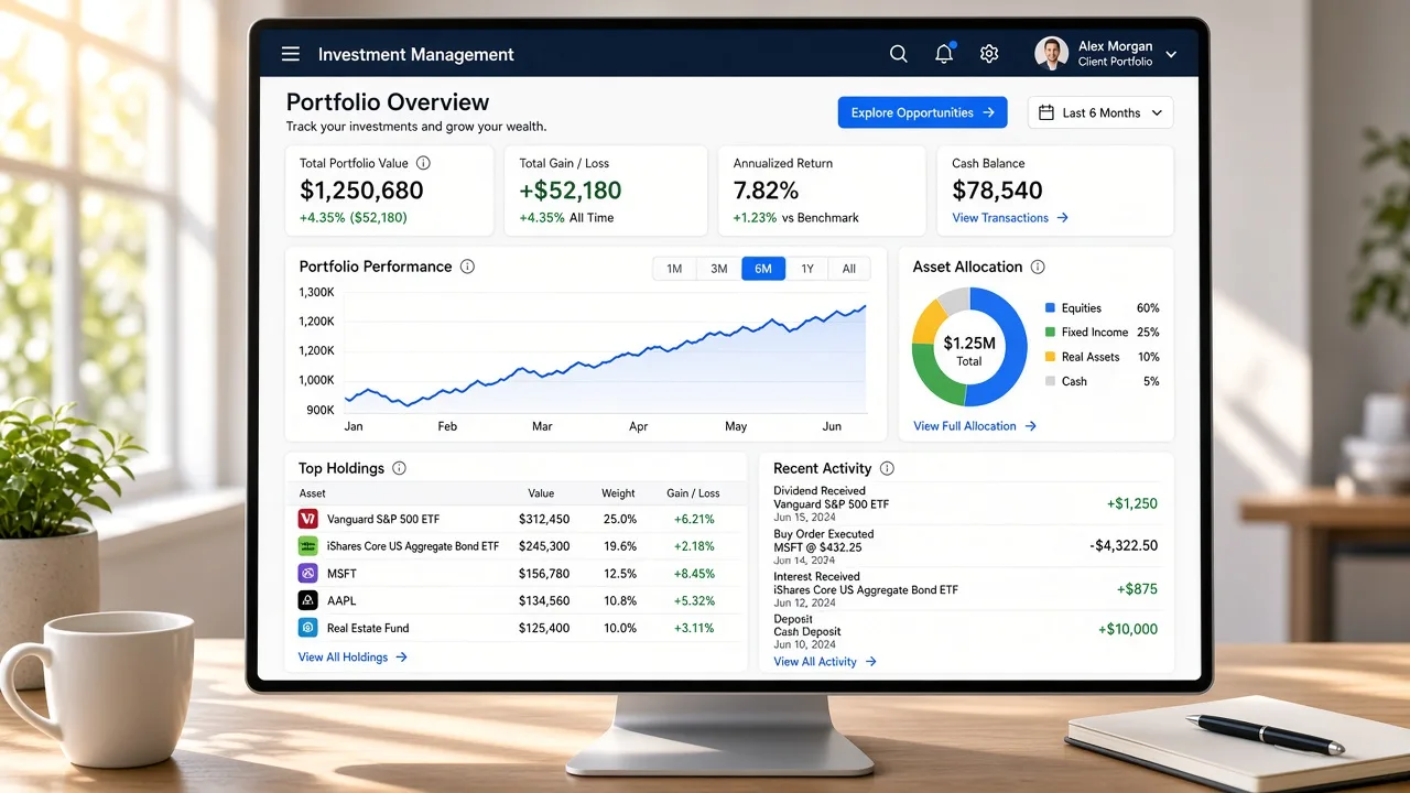 Investment management platform connecting portfolios, investors, analytics, reporting, financial workflows, and administrative operations