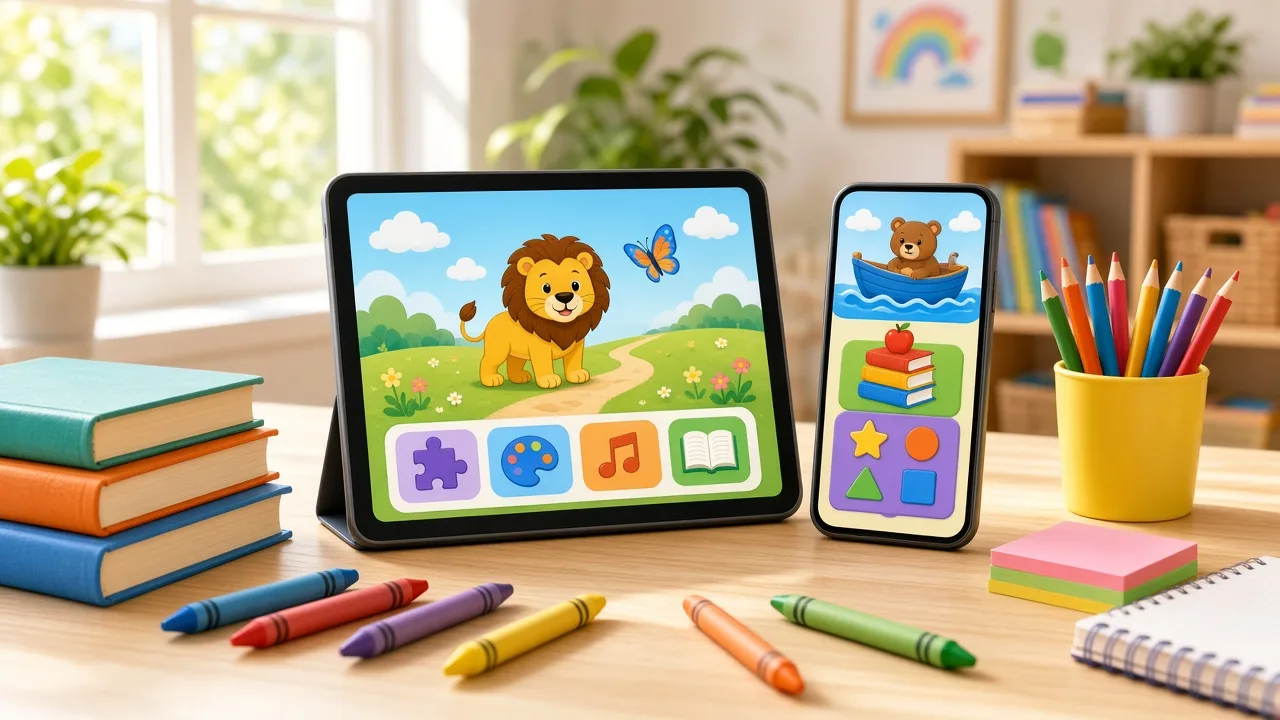 Kids learning platform showing interactive lessons, educational games, quizzes, progress tracking, parental controls, and engaging activities