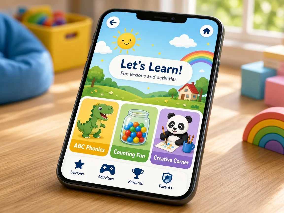 Interactive kids learning app with colorful lessons, educational activities, animations, videos, and child friendly navigation