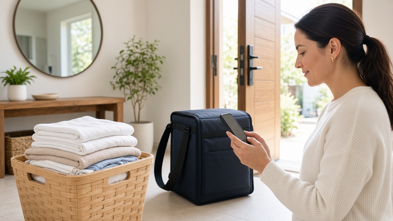 Bright laundry pickup and delivery scene with folded garments service booking on a phone real-time order tracking and a delivery bag by a clean storefront window