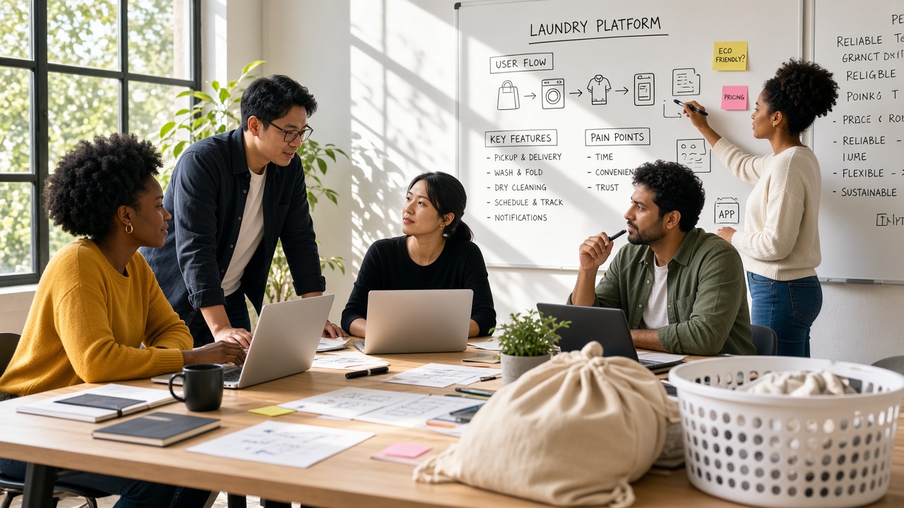 Laundry app development team planning service discovery pickup delivery order tracking payments subscriptions driver management analytics and administration