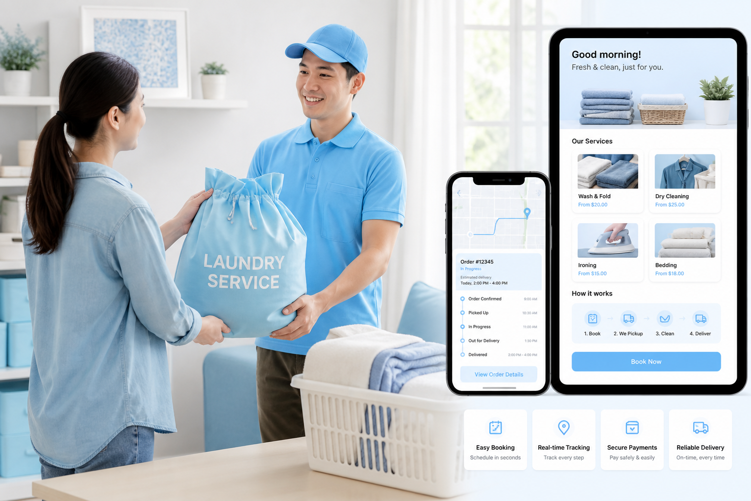 Laundry app with service listings pickup delivery scheduling order tracking online payments notifications and business management