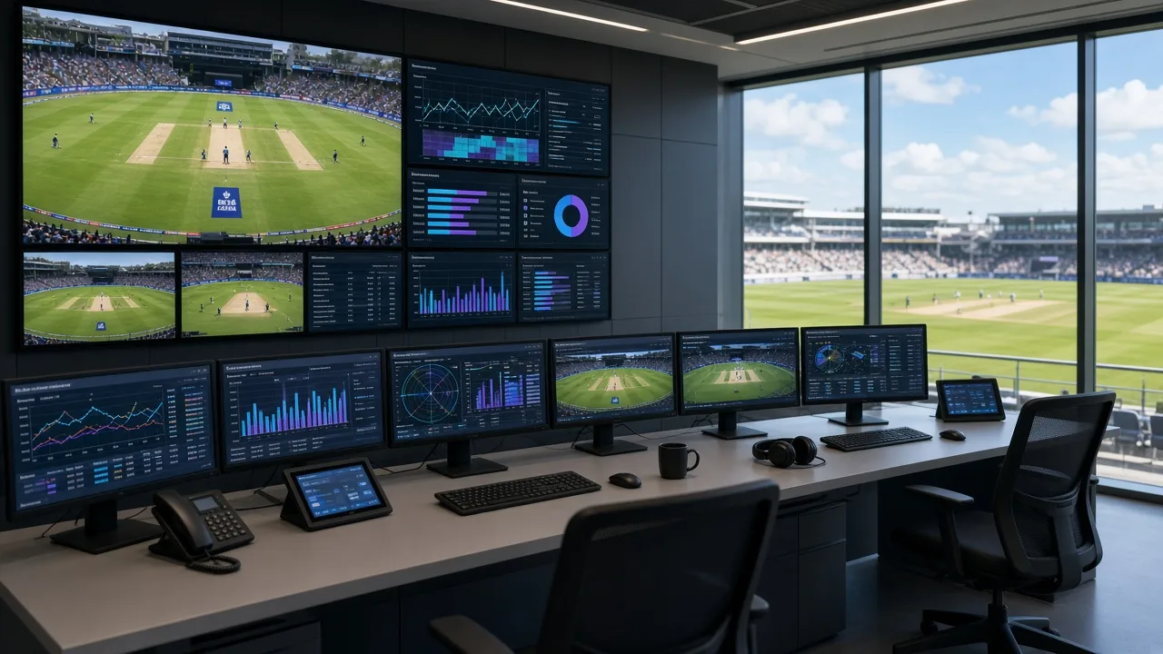 Cricket app interface showing live scores, player statistics, commentary, match events, notifications, and tournament information