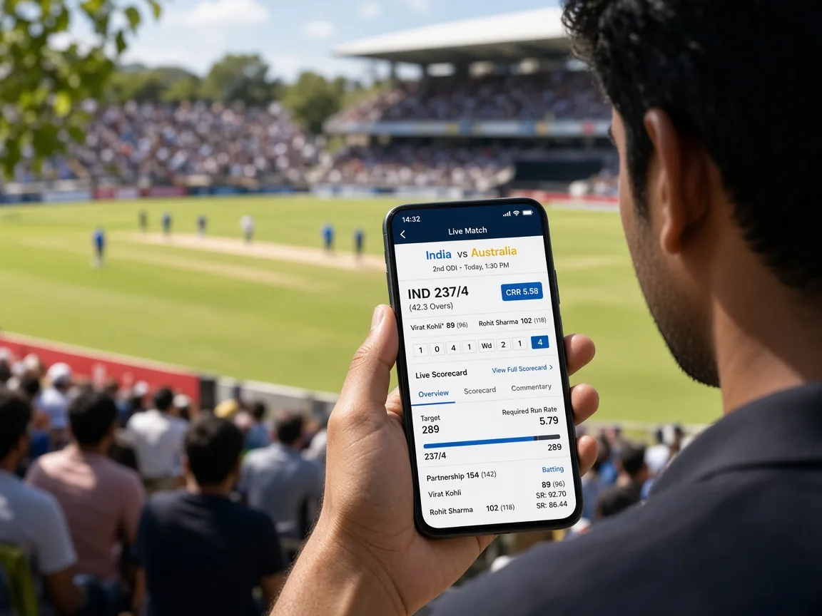 Live cricket score app showing ball by ball updates, player statistics, match scores, fixtures, and results