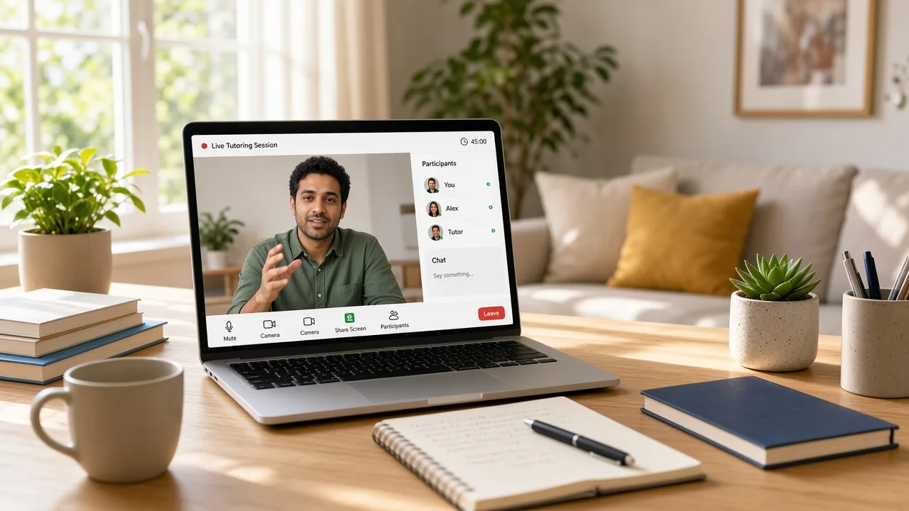 Live tutoring app concept showing students, tutors, virtual classrooms, scheduling, payments, and interactive learning features