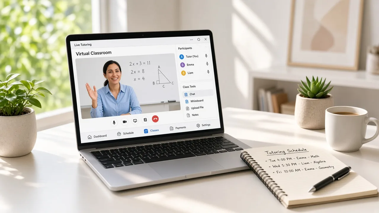 Live tutoring platform with students, tutors, virtual classrooms, video sessions, scheduling, payments, and interactive learning tools