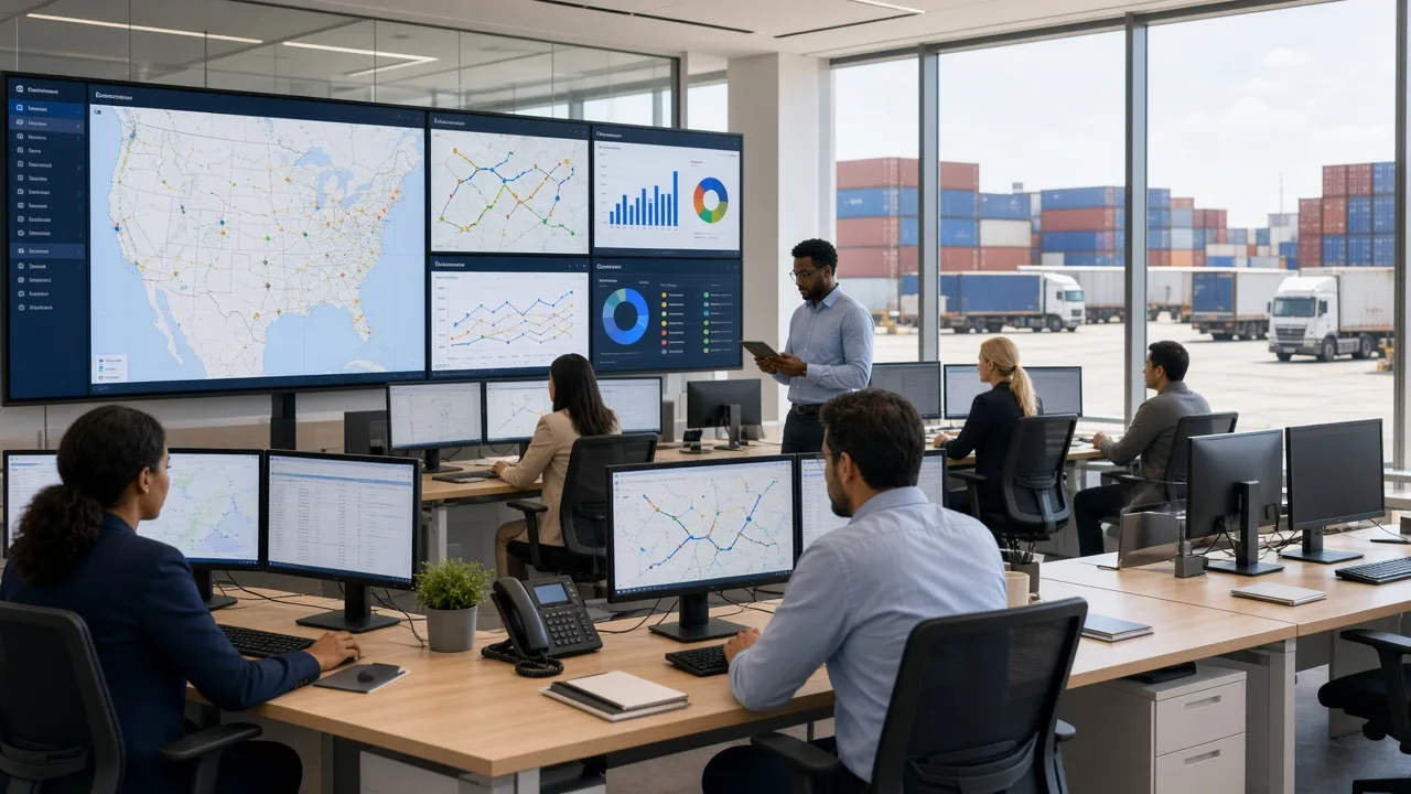 Logistics operations team coordinating shipments routes fleet dispatch and warehouse activity on bright modern logistics software dashboards in a contemporary distribution hub